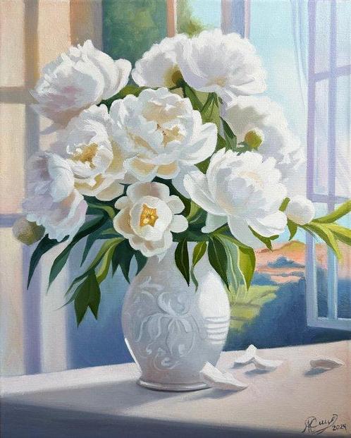 Hanna Kozachuk (XX-XXI) - White peonies, Antiek en Kunst, Kunst | Schilderijen | Klassiek