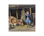 Hans Mijnsbergen (1945) - Girl with cow in the stable, Antiek en Kunst