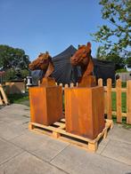 Statue, Horse Heads on Pedestals - 120 cm - Fer