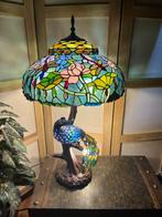 Tafellamp - Gietijzer - Glazen pauwenlamp