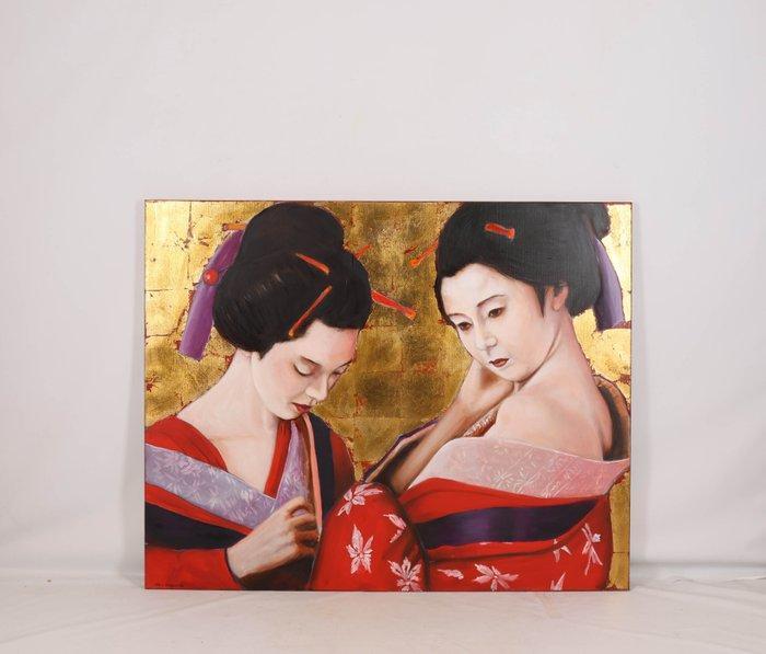 Louis Nagelkerke (1949) - Twee vrouwen in kimono, Antiek en Kunst, Kunst | Schilderijen | Modern