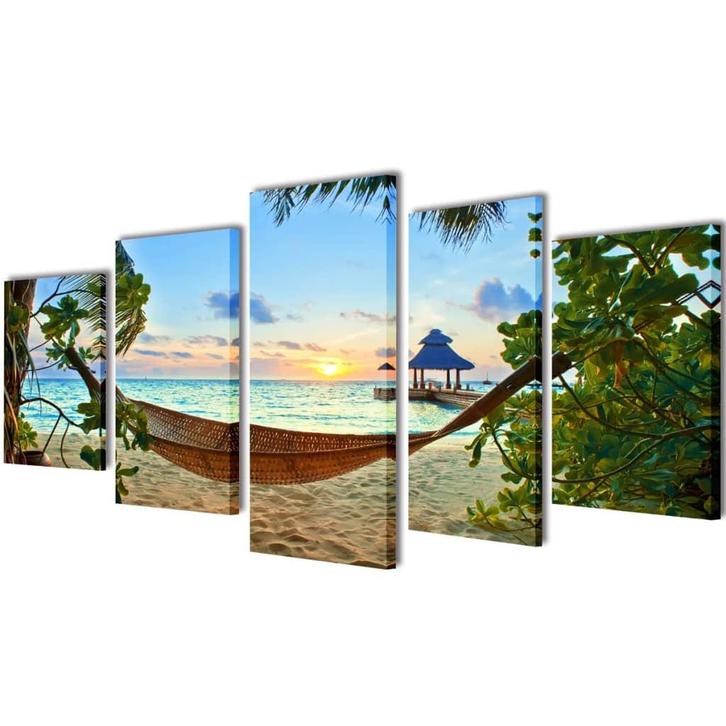 vidaXL Canvas muurdruk set zandstrand met hangmat 200 x 100, Verzamelen, Posters, Nieuw, Verzenden