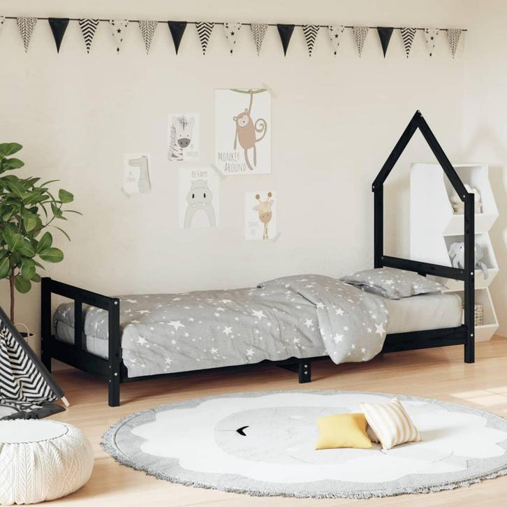 vidaXL Kinderbedframe 80x200 cm massief grenenhout zwart, Kinderen en Baby's, Kinderkamer | Bedden, Nieuw, Verzenden
