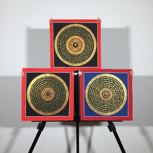 3 Paintings of Tibetan Tradition - Mandala Mantra with OM, Antiek en Kunst, Kunst | Designobjecten