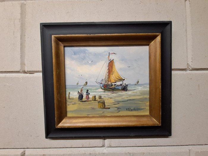 H Poeder (1964 ) - Zee en Strandgezicht met een Botter op, Antiek en Kunst, Kunst | Schilderijen | Klassiek