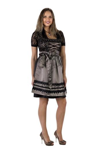 Dirndl zwart kant/taupe, satijnen schort, Verzenden