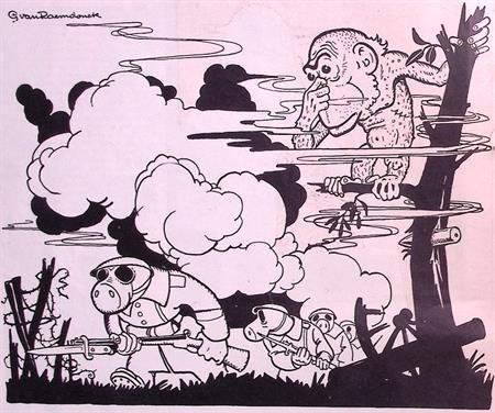 Soldaten, een aap en gifgas op Spotprent (lijst optie), Antiek en Kunst, Kunst | Litho's en Zeefdrukken, Verzenden