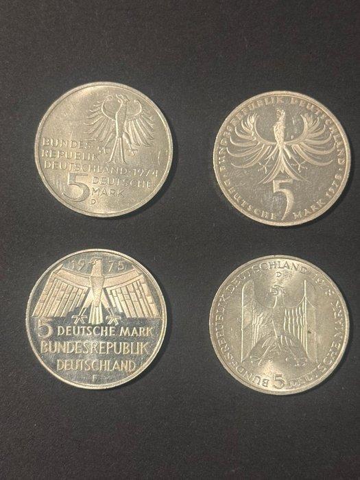 Duitsland, Bondsrepubliek 5 Deutsche Mark 4x 1974/1977, Postzegels en Munten, Munten | Europa | Niet-Euromunten