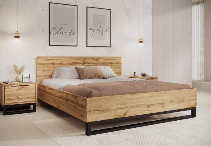 Tweepersoonsbed - Eiken Zwart - 180x200 cm | Zonder matras, Huis en Inrichting, Slaapkamer | Bedden, Nieuw, Verzenden