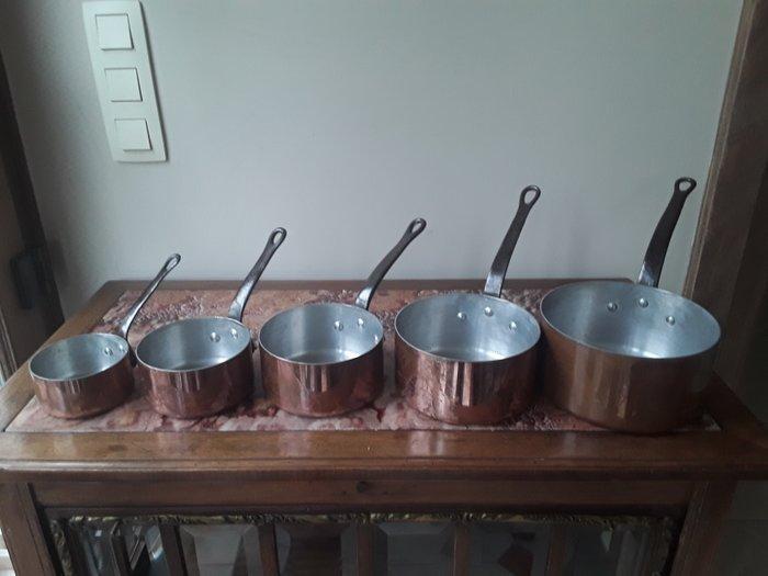 Kookpottenset (5) - Koper, Tin, IJzer - Set Franse koperen, Antiek en Kunst, Antiek | Keukengerei