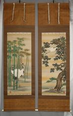 Een paar kraanvogels met dennen en bamboe - Met handtekening