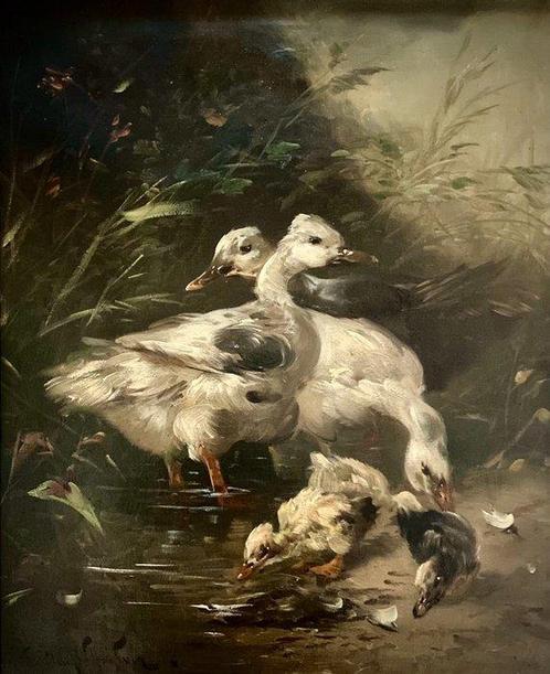 Hendrik Schouten ca.( 1857-1927) - Eenden familie aan de, Antiek en Kunst, Kunst | Schilderijen | Klassiek