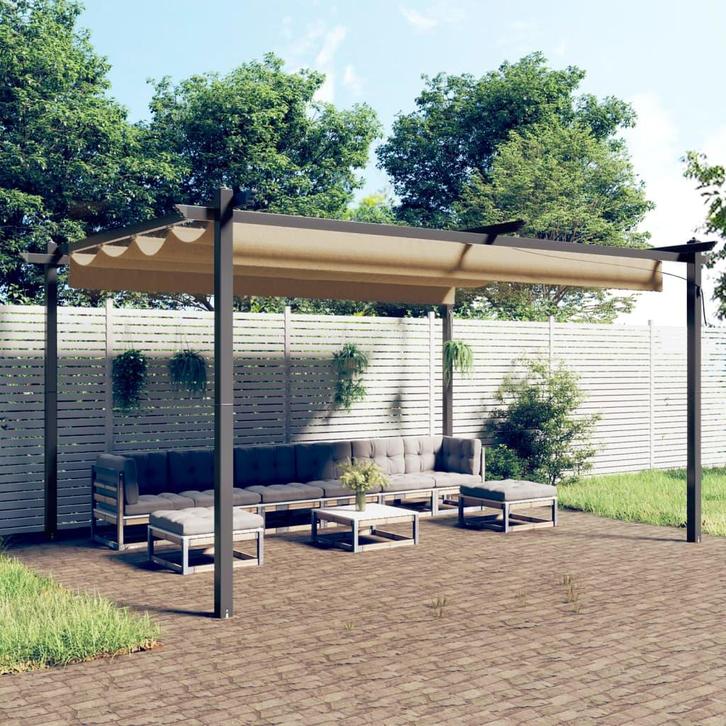 vidaXL Tuinprieel met uittrekbaar dak 4x3 m taupe, Tuin en Terras, Partytenten, Nieuw, Verzenden