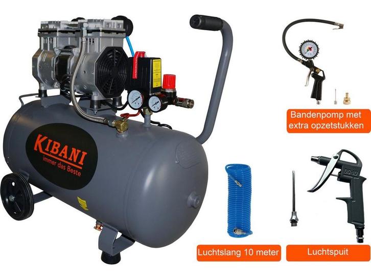 Kibani Super stille compressor 50L - Olievrij - 190L/min 8, Doe-het-zelf en Bouw, Compressors, Zo goed als nieuw, Verzenden