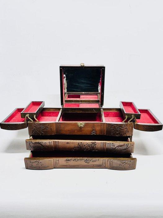 Doos - Handgesneden houten sieradenkist met spiegel - Hout,, Antiek en Kunst, Curiosa en Brocante