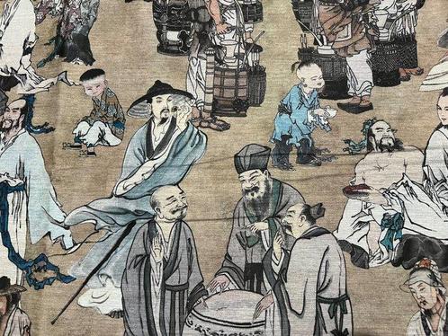 Katoenen meubelstof “Scènes uit het oude leven” - Meubelstof, Antiek en Kunst, Antiek | Tapijten, Tafelkleden en Textiel