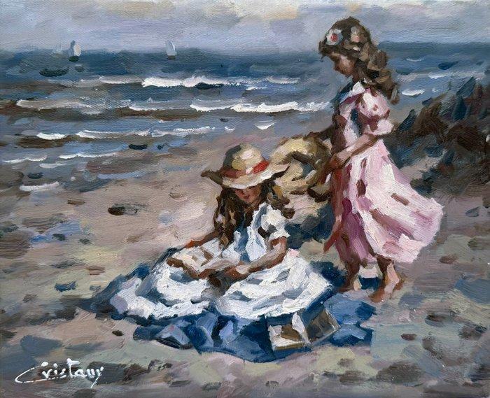 Francis Cristaux (1950) - Fillettes au Bord de Mer - Lecture, Antiquités & Art, Art | Peinture | Classique
