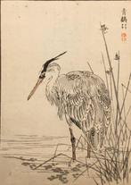 Originele Japanse houtblok prent van een blauwe reiger (, Antiek en Kunst