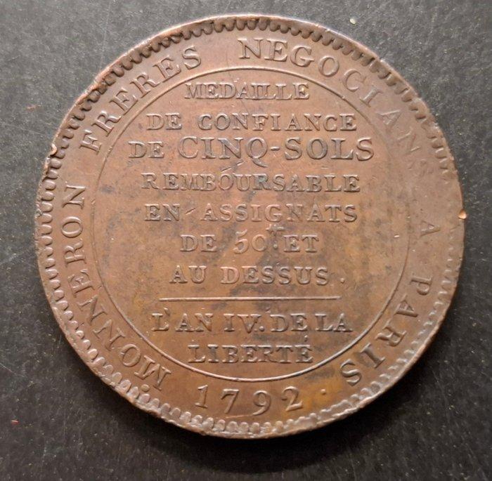 Frankrijk. Monnaie de Confiance. Monneron de 5 Sols 1792, Postzegels en Munten, Munten | Europa | Euromunten