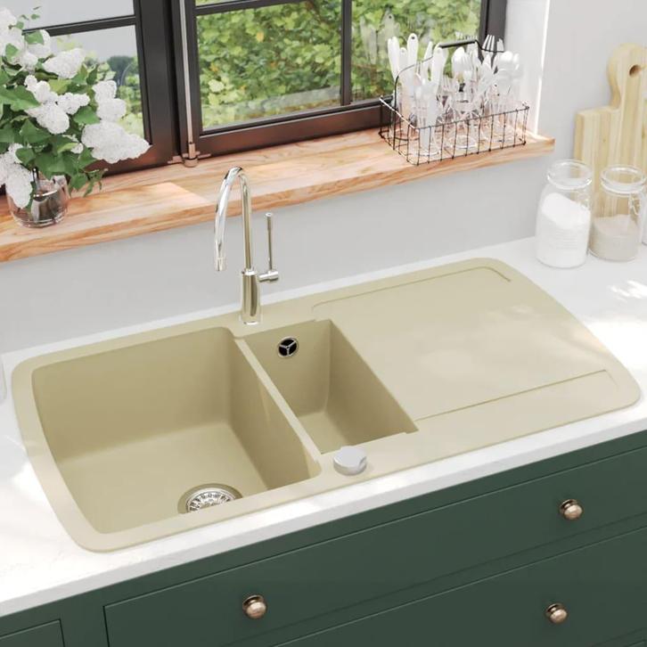 vidaXL Gootsteen dubbele bakken graniet beige, Huis en Inrichting, Keuken | Keukenelementen, Nieuw, Verzenden