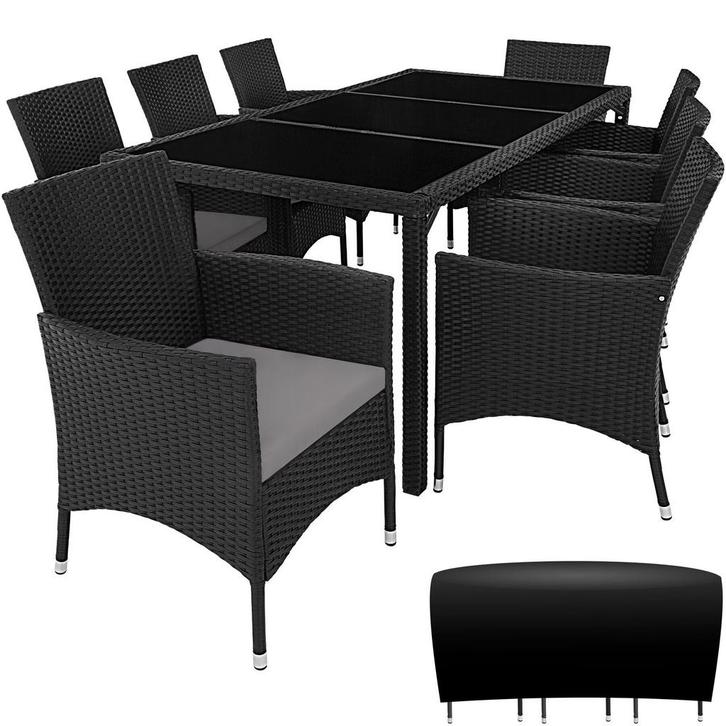 tectake Wicker zitgroep 8+1 met beschermhoes - zwart / grijs, Tuin en Terras, Tuinsets en Loungesets, Verzenden