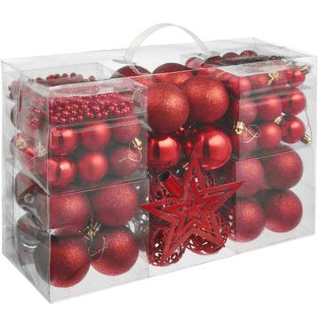 84 kerstballen onbreekbaar met ketting en ster rood - rood