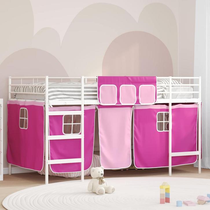 vidaXL Loftbed voor kids met gordijnen Wit en roze 90 x 200, Huis en Inrichting, Slaapkamer | Bedden, Nieuw, Verzenden