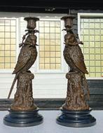 sculptuur, papagaaien kandelaars - 31 cm - brons marmer, Antiek en Kunst