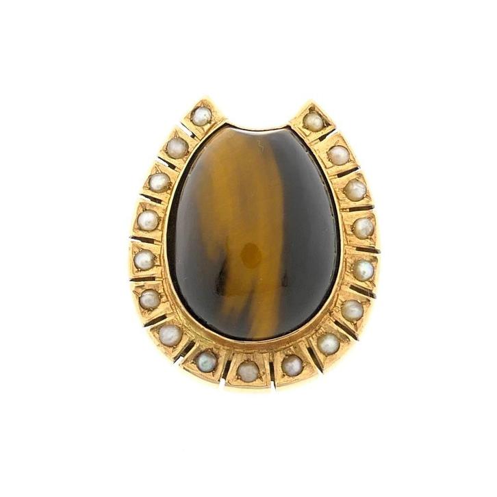 Gouden broche met tijgeroog en parels, Handtassen en Accessoires, Broches, Overige kleuren, Gebruikt, Met edelsteen, Goud, Ophalen of Verzenden