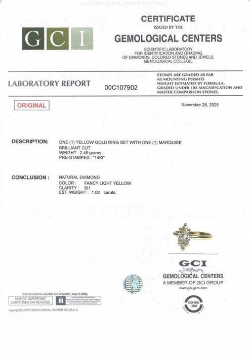 Zonder minimumprijs - Ring - 14 karaat Geel goud - 1.02ct., Handtassen en Accessoires, Ringen