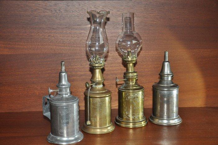 Olielamp (4) - geel koper, Metaal - Franse Lampe Pigeon, Antiek en Kunst, Curiosa en Brocante