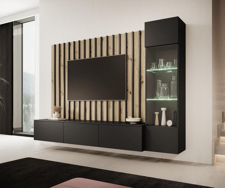 Meubella Wandmeubel zwart set tvmeubel LED verlichting, Huis en Inrichting, Kasten | Wandmeubels, 25 tot 50 cm, Nieuw, 150 tot 200 cm