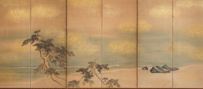 Byôbu  (vouwscherm) - Papier, Zijde, Gelakt hout,, Antiquités & Art, Antiquités | Autres Antiquités