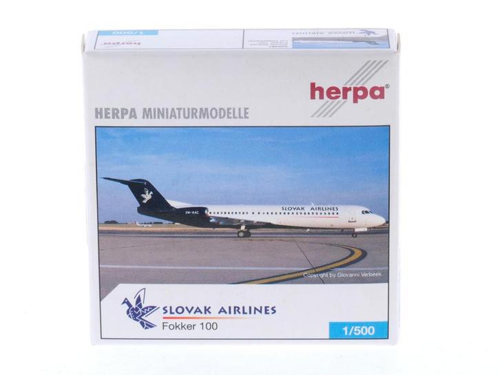 Schaal 1:500 Herpa 509367 Fokker 100 Slovak Airlines Reg...., Hobby en Vrije tijd, Modelbouw | Vliegtuigen en Helikopters, Zo goed als nieuw