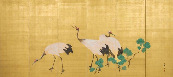 Byôbu  (vouwscherm) - Gelakt hout, zijde, papier -, Antiek en Kunst, Antiek | Overige Antiek