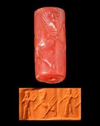 Mesopotamisch/Babylonisch Zeldzame rode stenen cilinderzegel, Antiek en Kunst