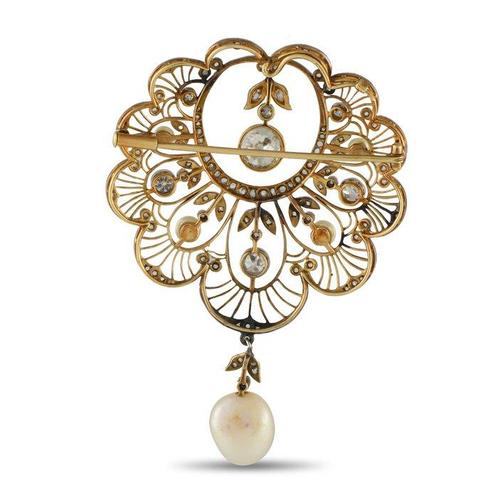 Broche - 18 karaat Geel goud, Platina, Antiek platina en 18K, Handtassen en Accessoires, Antieke sieraden