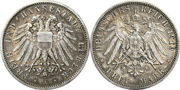 3 Mark 1910 Luebeck, Timbres & Monnaies, Monnaies | Europe | Monnaies non-euro, Envoi