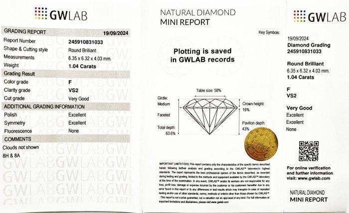 1 pcs Diamant (Natuurlijk) - 1.04 ct - Rond - F - VS2 -, Handtassen en Accessoires, Edelstenen