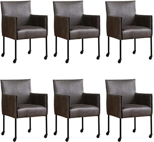 Set van 6 Donkergrijze leren moderne kuipstoel - poot rond, Huis en Inrichting, Stoelen, Overige kleuren, Vijf, Zes of meer stoelen