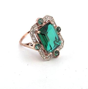 Zonder Minimumprijs - Ring - 9 kt. Roségoud, Zilver Smaragd