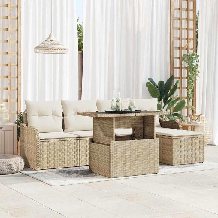 vidaXL Buiten Zitset met kussen 6 pcs Beige Poly rattan, Tuin en Terras, Tuinsets en Loungesets, Nieuw, Verzenden
