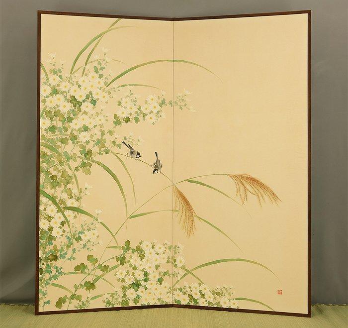 Bybu kamerscherm - Zijde - Japan - Kleine vogeltjes en, Antiquités & Art, Antiquités | Autres Antiquités