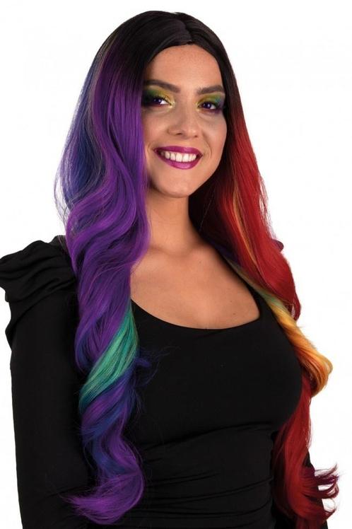 Pruik Selena Lang Met Krullen Regenboog Two Sides, Hobby en Vrije tijd, Feestartikelen, Nieuw, Verzenden