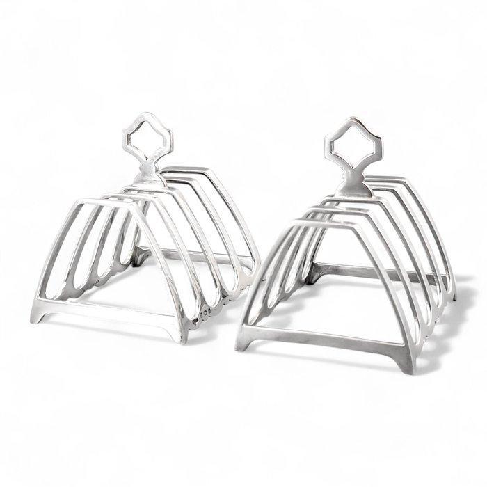 Art Deco pair of sterling silver large geometric 5-bar toast, Antiek en Kunst, Antiek | Zilver en Goud