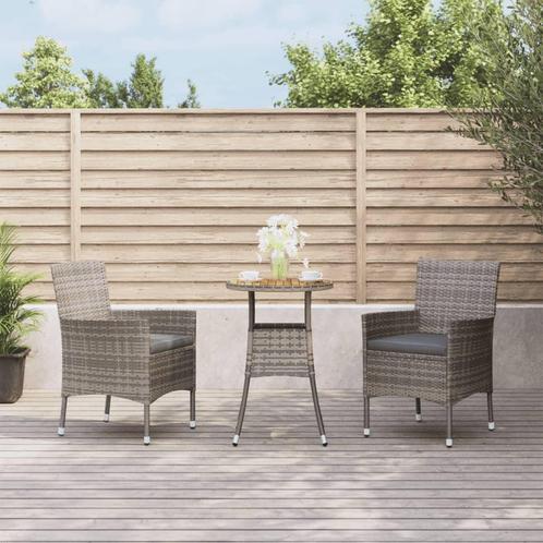 vidaXL 3-delige Bistroset met kussens poly rattan grijs, Tuin en Terras, Tuinsets en Loungesets, Nieuw, Verzenden