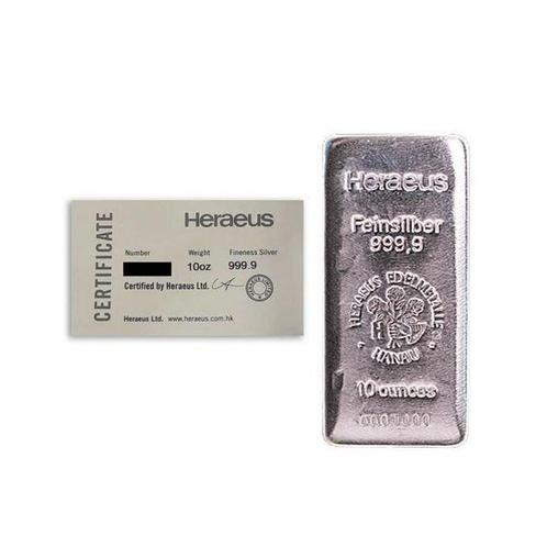 10 troy ounce - Zilver .999 - 10 oz Heraeus .9999 Fine, Postzegels en Munten, Edelmetalen en Baren