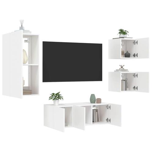 vidaXL Unités murales TV avec LED 5 pcs blanc bois, Maison & Meubles, Armoires | Mobilier de télévision, Neuf, Envoi