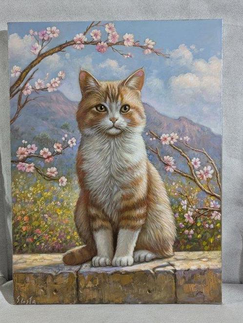 Saverio Costa (XX-XXI) - Gatto al sole, Antiek en Kunst, Kunst | Schilderijen | Klassiek