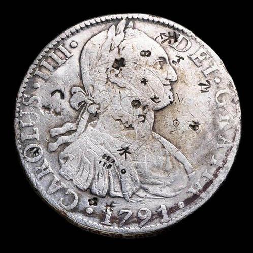 Spanje. Carlos IV. 8 Reales Mexico 1791 (FM) Resello Chino, Postzegels en Munten, Munten | Europa | Niet-Euromunten